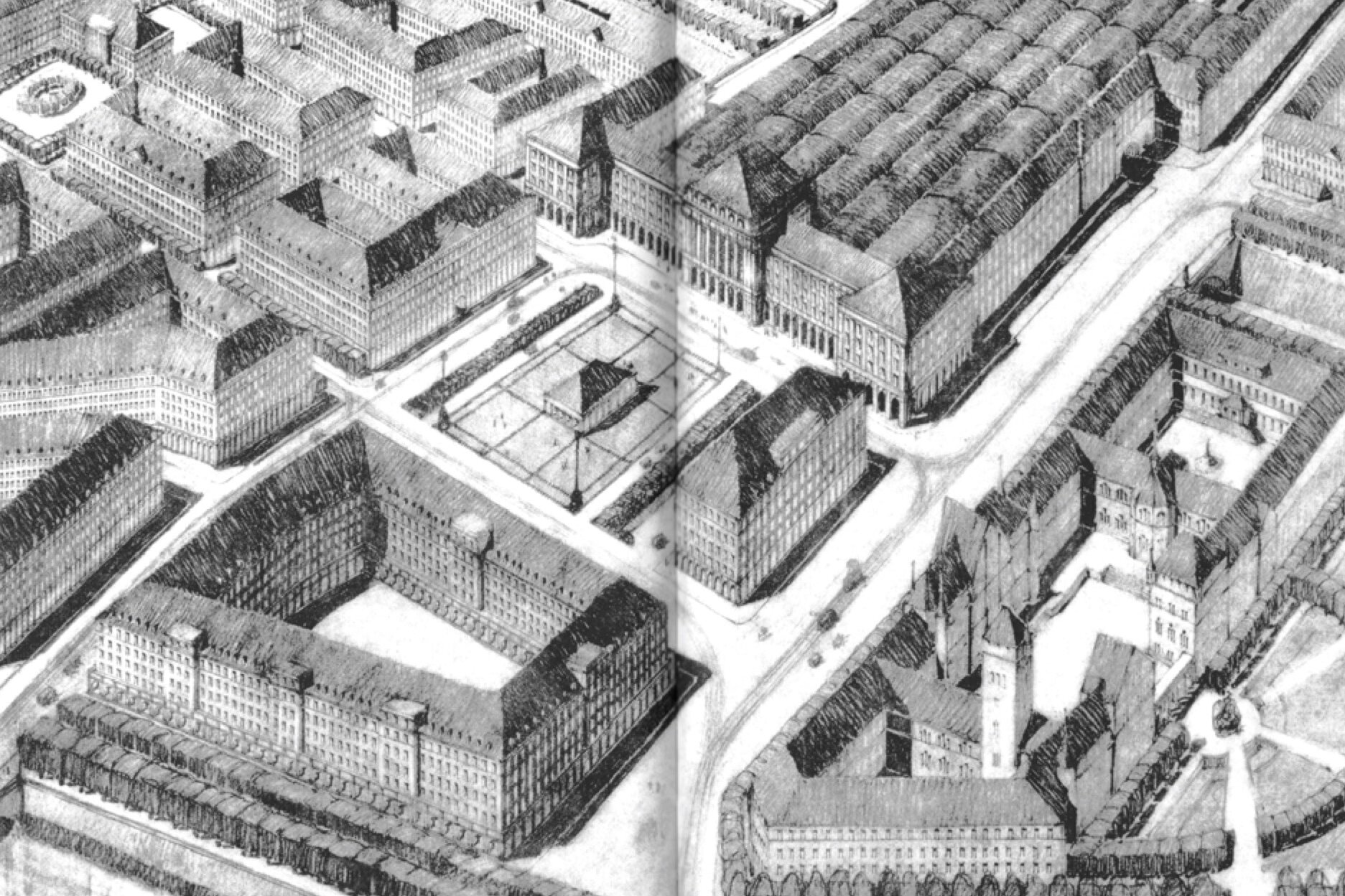 Perspektivische Kohlezeichnung von Hippenmeier & Bodmer zum Bahnhofquartier